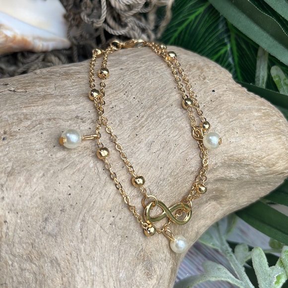 Infinity Pearl Layered Chain 14k Gold Tone Anklet Beach Chic - Picture 9 of 11